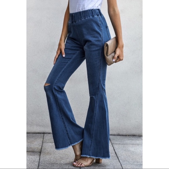 Sky Blue Distressed Bell Bottom Denim Pants - Picture 2 of 5